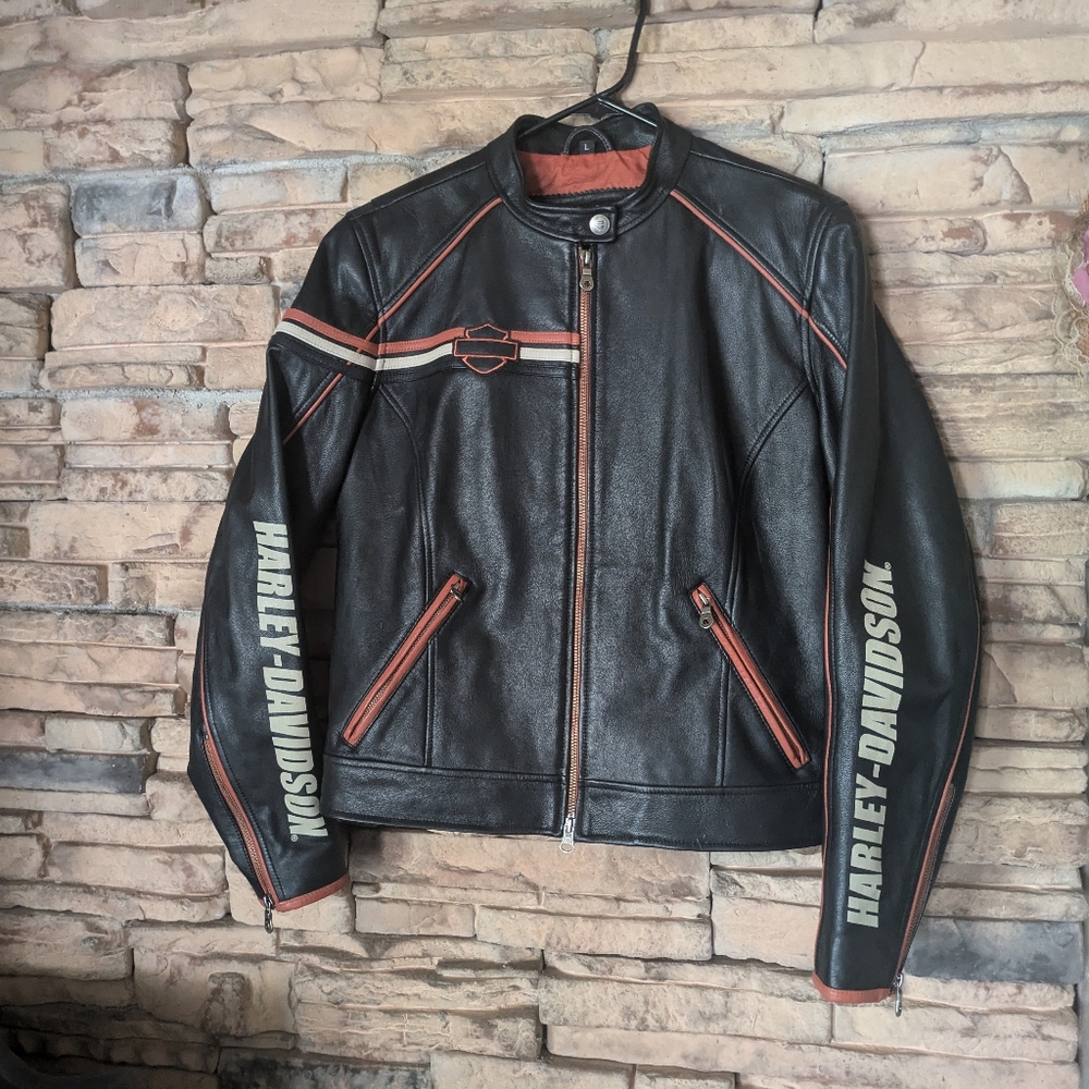 Harley-Davidson motorcycle jacket black and orange leather size large